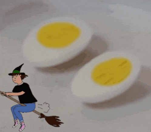 a cartoon of a witch riding a broom with hard boiled eggs behind her