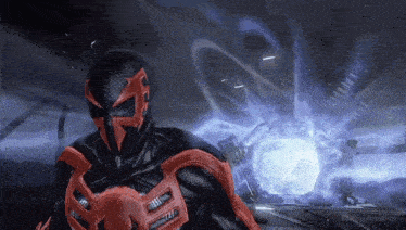 a man in a black and red spiderman suit is standing in front of a blue light in a video game .