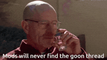 a bald man drinking from a glass with the words mods will never find the goon thread