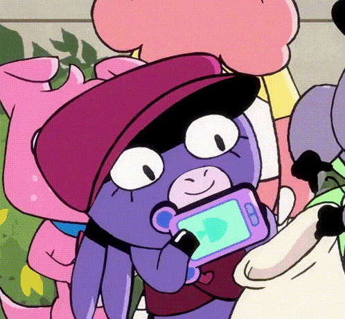 a cartoon character wearing a hat is holding a cellphone