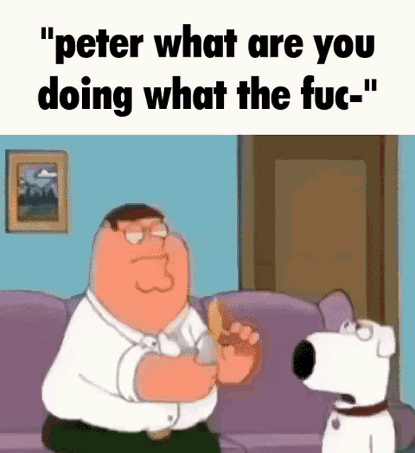 a cartoon of peter griffin talking to a dog while holding a banana .