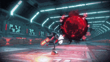 shadow the hedgehog in a video game with a red sphere in the background
