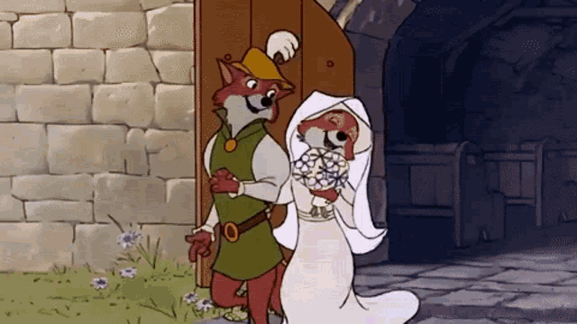 a cartoon of robin hood and a bride standing next to each other in front of a door .