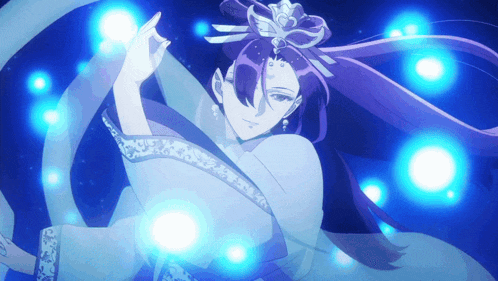 a woman with purple hair is surrounded by blue circles