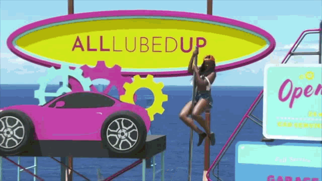 a woman stands on a pole in front of a sign that says alllubedup