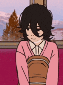 a girl in a pink sweater is sitting on a red bench