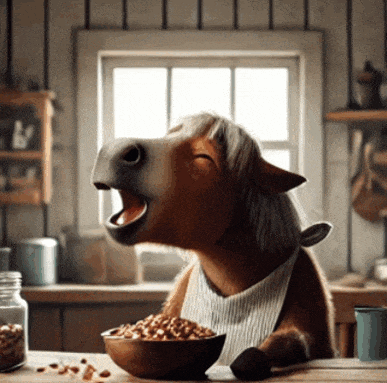 a horse is sitting at a table with a bowl of cereal in front of it