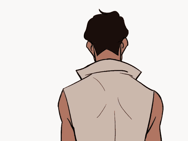a cartoon drawing of a man 's back with a white vest on .