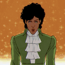 a cartoon drawing of prince wearing a green jacket and white scarf