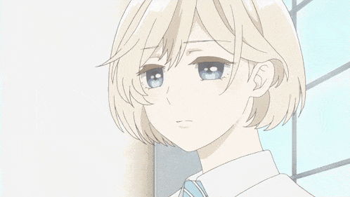 a girl with short blonde hair and blue eyes is wearing a white shirt and blue tie