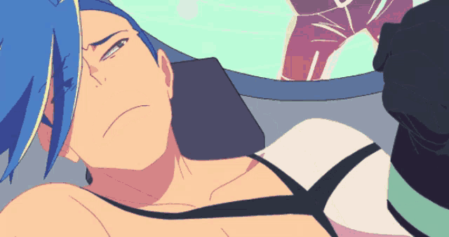 a cartoon character with blue hair is laying down with his eyes closed