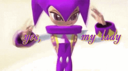 a purple cartoon character is giving a peace sign and says yes my lady .