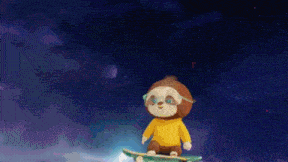 a stuffed sloth wearing a yellow sweater and glasses is riding a skateboard