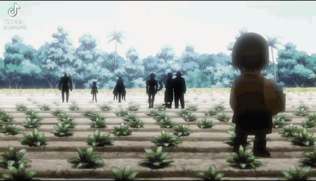 a group of people are standing in a field of plants with a boy standing in the middle .