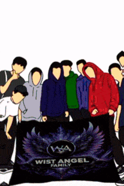 a group of people standing around a banner that says ' wist angel family '