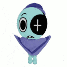 a blue cartoon character with a black plus sign on his eye