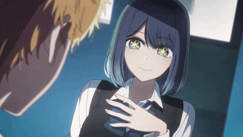 a girl with blue hair has a star in her eye
