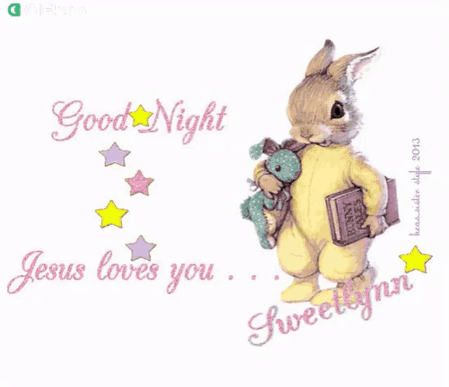 a rabbit holding a teddy bear and a book with the words good night jesus loves you sweetlynn