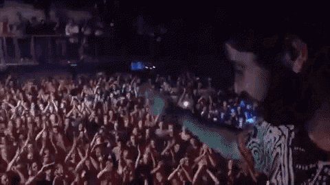 a crowd of people are standing in a dark room at a concert .