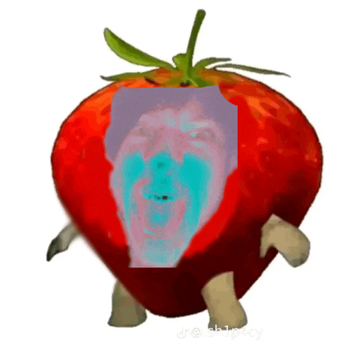 a picture of a strawberry with a face on it that looks like a cartoon character