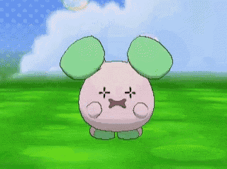 a pink and green cartoon character with a cross on its face is standing in a field