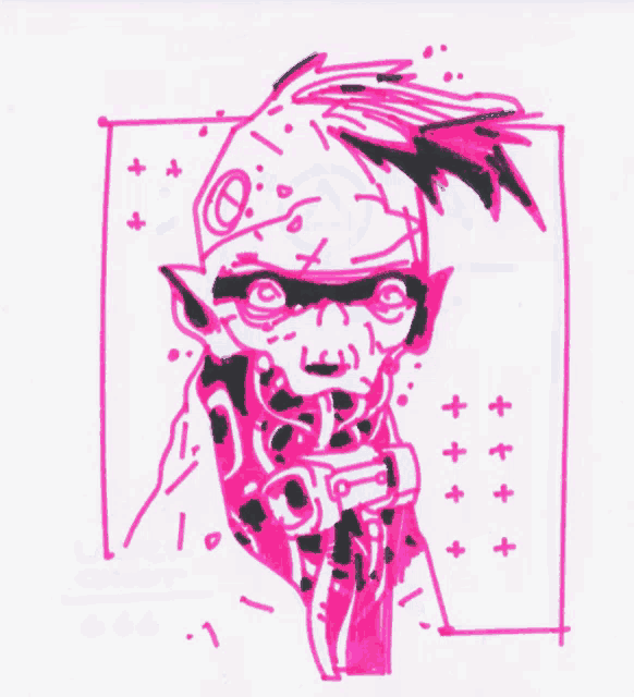 a pink and black drawing of a person holding a gun with the number 1 in the corner