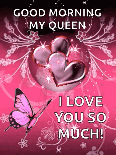 a pink butterfly is on a pink background with the words " good morning my queen "