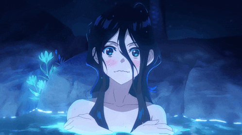 a girl with blue hair is taking a bath in a bathtub