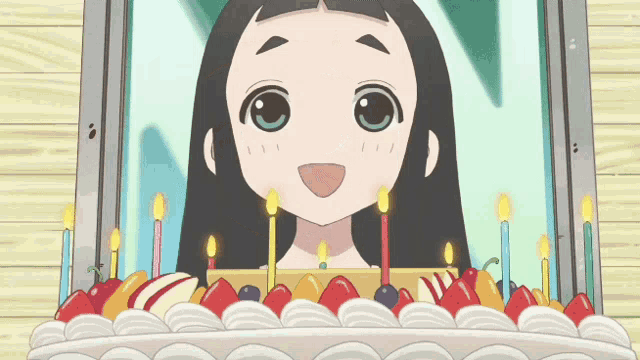 a cartoon girl is standing in front of a cake with candles on it