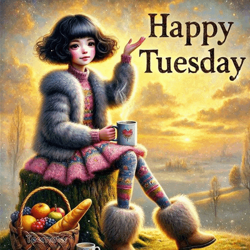 a girl sitting on a tree stump holding a cup of coffee