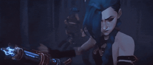 a cartoon character with blue hair and red eyes is holding a sword in her hand .