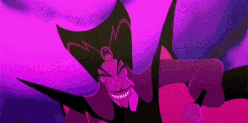 jafar from aladdin is holding a sword and smiling in a purple background .