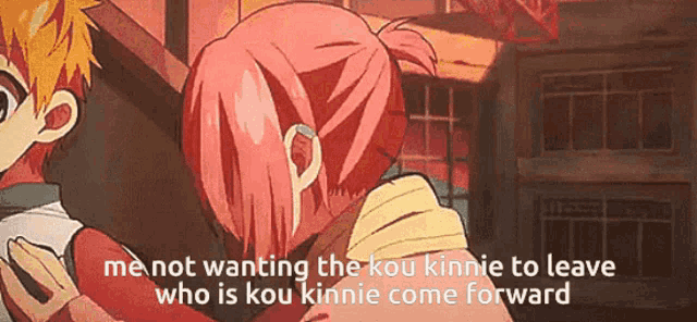 a cartoon of a boy and a girl with a caption that says me not wanting the kou kienie to leave