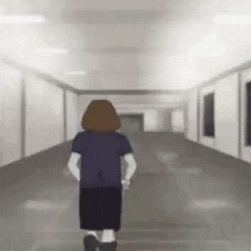 a woman is walking down a long hallway in a cartoon .