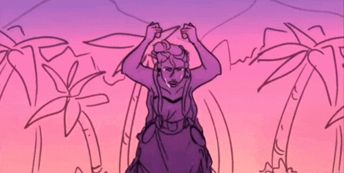 a cartoon drawing of a woman sitting on a rock with her hair blowing in the wind .