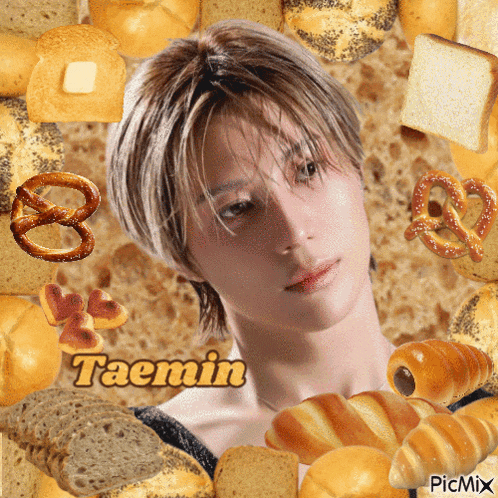 a picture of taemin surrounded by bread pretzels and hearts
