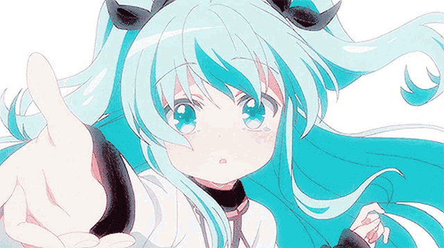 a girl with long blue hair is pointing her finger at the camera