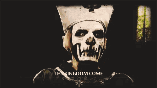 a skeleton with the words thy kingdom come written below it