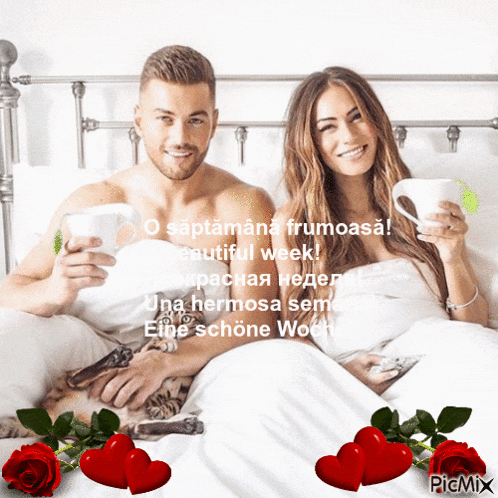 a picture of a man and woman laying in bed with hearts and roses surrounding them