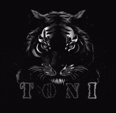 a black and white drawing of a tiger 's head with the name toni underneath it