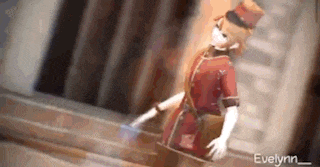 a doll in a red uniform and top hat is standing on a sidewalk .