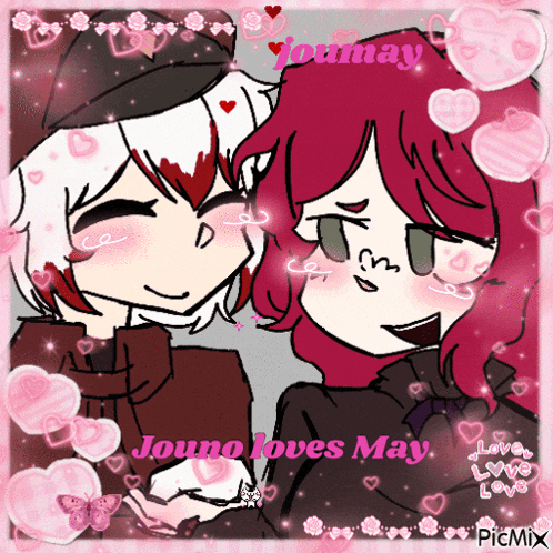 a picture of two anime characters with the words " jouno loves may " written on the bottom