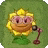 a cartoon sunflower with pink eyes and glasses is sitting on a green plant .
