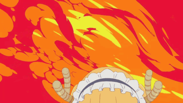 a girl with horns is smiling in front of a fire background