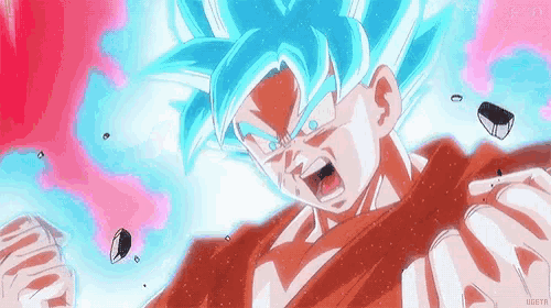 a cartoon of a man with blue hair and a red shirt is screaming .