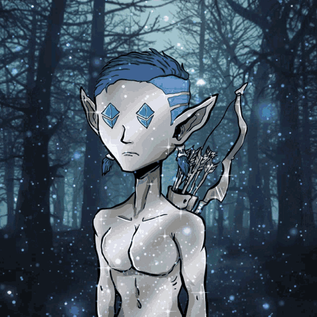 a drawing of a naked elf with blue eyes and a bow and arrow