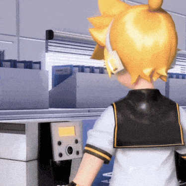 a cartoon character wearing headphones stands in front of a machine that says ' nintendo ' on the screen