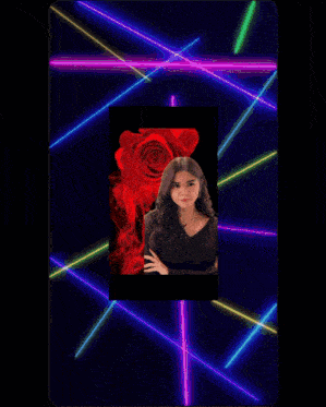 a woman holding a cup of coffee is surrounded by neon lights