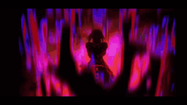 a purple and blue background with a blurred image of a person