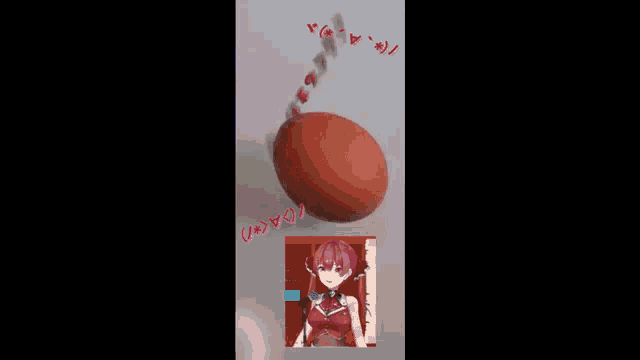 a picture of a girl next to a red egg with chinese writing on it